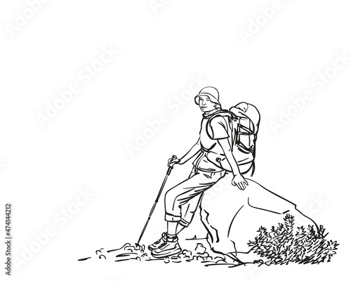 Female trekker with backpack sitting and resting on big rock, Hand drawn vector linear illustration