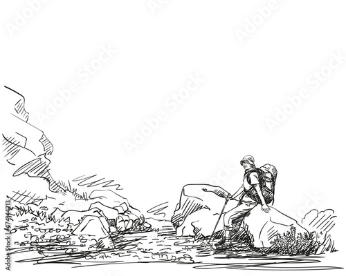 Female trekker with backpack sitting and resting on big rock, Hand drawn vector illustration