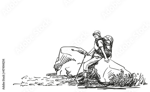 Female trekker with backpack sitting and resting on big rock, Hand drawn vector illustration