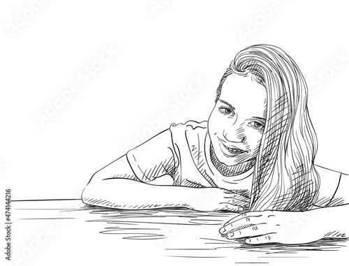 Beautiful preteen girl portrait with long hair on one side sitting behind desk, Vector sketch, Hand drawn illustration isolated