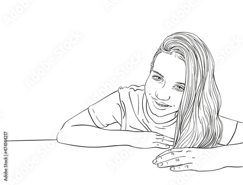 Beautiful preteen girl portrait with long hair on one side sitting behind desk, Vector sketch, Hand drawn linear illustration isolated