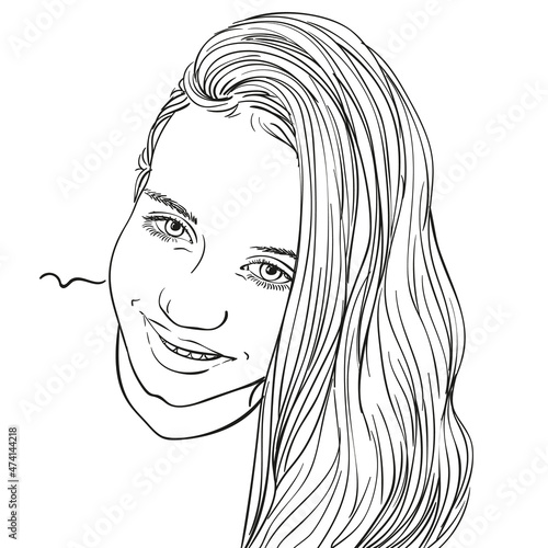 Beautiful preteen girl portrait with long hair on one side, Vector sketch, Hand drawn linear illustration isolated