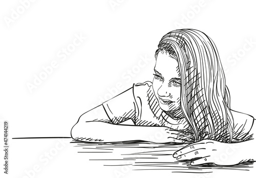 Beautiful shy preteen girl portrait with long hair on one side sitting behind desk, Vector sketch, Hand drawn illustration isolated