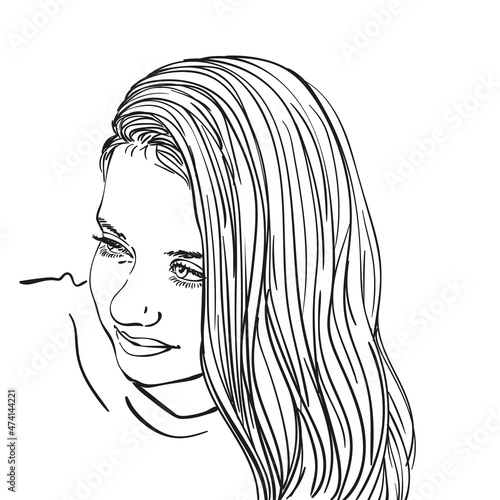 Beautiful shy preteen girl portrait with long hair on one side, Vector sketch, Hand drawn linear illustration isolated