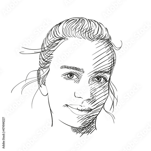 Sketch of teenage girl with shy look, Hand drawn vector illustration with hatched shade