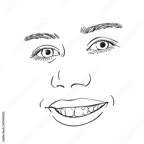Beautiful smiling face of teenage girl with beautiful eyes and thick natural eyebrows, Vector sketch close up, Hand drawn illustration