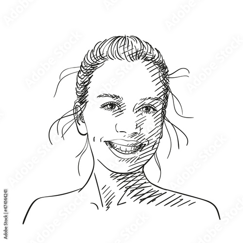 Sketch of happy teenage girl, Hand drawn vector illustration with hatched shades