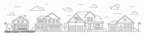 Landscape of the neighborhoods of the city, the houses of the suburbs residential area. A number of low-rise buildings of the village. Outline vector illustration.