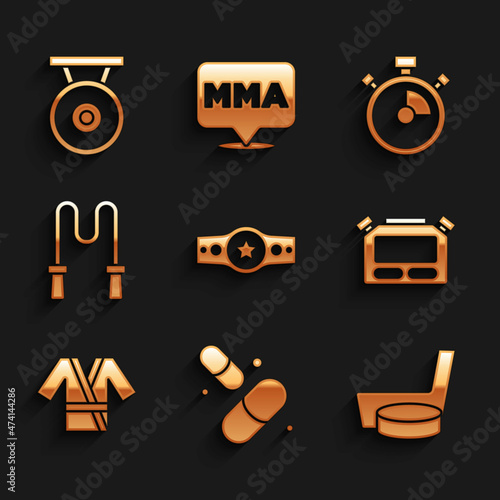 Set Boxing belt, Vitamin pill, Ice hockey stick and puck, Stopwatch, Japanese costume Kimono, Jump rope, and Gong icon. Vector