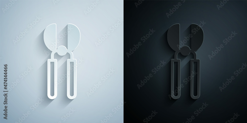 Paper cut Gardening handmade scissors for trimming icon isolated on grey and black background. Pruning shears with wooden handles. Paper art style. Vector Paper cut Gardening handmade scissors for trimming icon isolated on grey and black background. Pruning shears with wooden handles. Paper art style. Vector