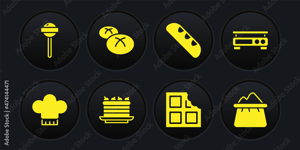 Set Chef hat, Electronic scales, Cake, Chocolate bar, French baguette bread, Bread loaf, Bag of flour and Lollipop icon. Vector Set Chef hat, Electronic scales, Cake, Chocolate bar, French baguette bread, Bread loaf, Bag of flour and Lollipop icon. Vector