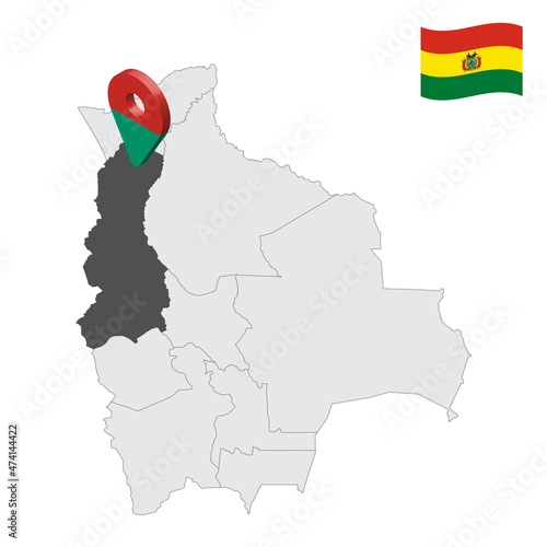 Location  La Paz Department  on map Bolivia. 3d location sign similar to the flag of La Paz. Quality map  with Departments of  Bolivia for your design. EPS10