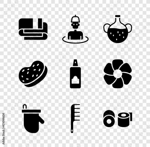 Set Towel stack, Man in the sauna, Essential oil bottle, Sauna mittens, Hairbrush, Toilet paper roll, Bath sponge and Spray can for hairspray icon. Vector