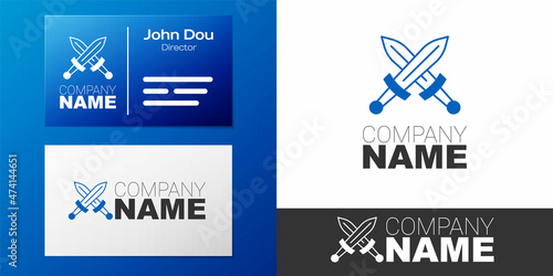Logotype Crossed medieval sword icon isolated on white background. Medieval weapon. Logo design template element. Vector
