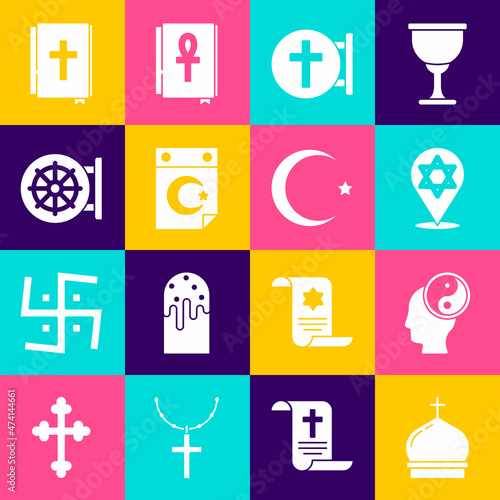 Set Church tower, Yin Yang, Star of David, Christian cross, and crescent, Dharma wheel, Holy bible book and icon. Vector