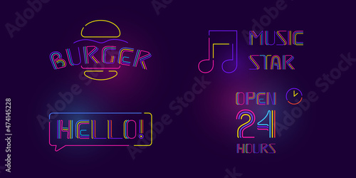 Set of neon advertising for your burger cafe, hello sign, open 24 hours emblem, music star headline.