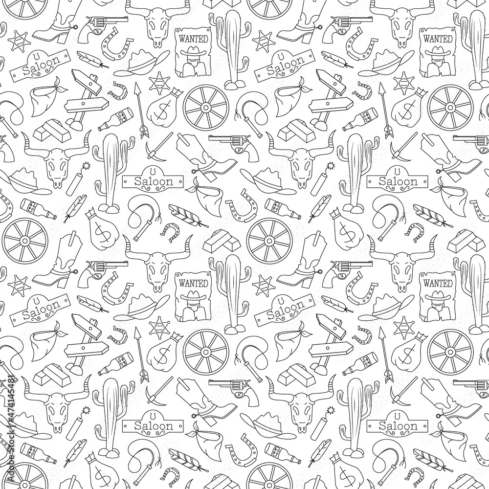 Seamless pattern on the theme of the wild West, contour icons, black contour on white background