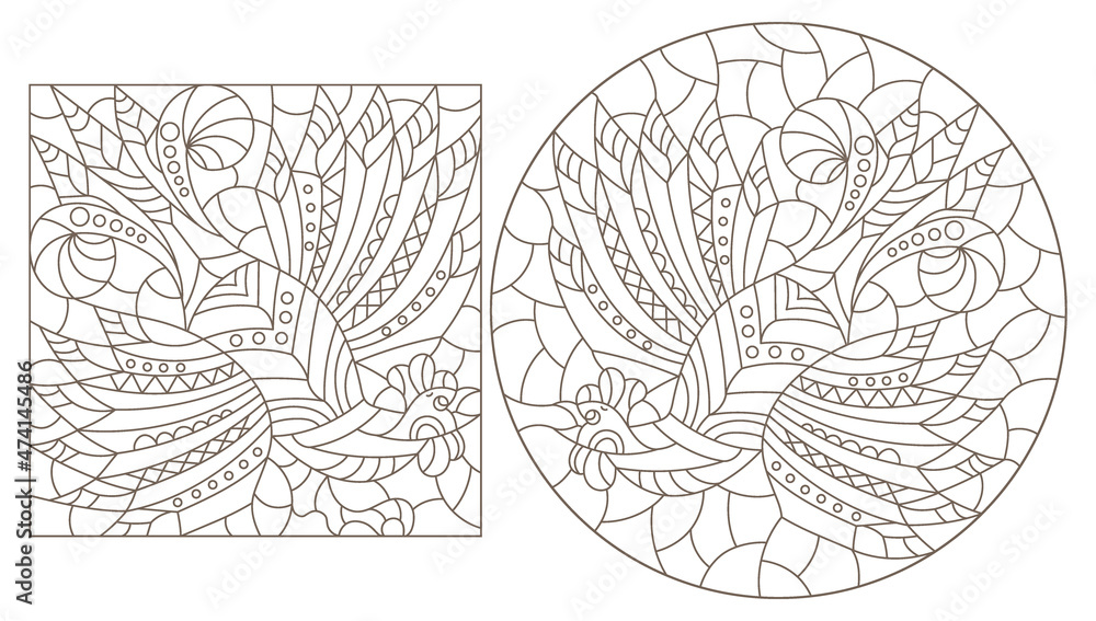 A set of contour illustrations in the style of stained glass with abstract roosters, dark contours on a white background