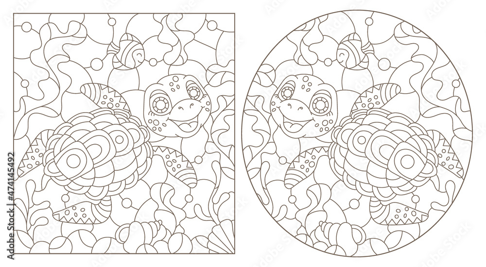 A set of contour illustrations in the style of a stained glass window with turtles on a sea day background, dark outlines on a white background A set of contour illustrations in the style of a stained glass window with turtles on a sea day background, dark outlines on a white background