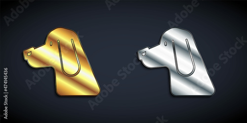 Gold and silver Hunting dog icon isolated on black background. Long shadow style. Vector