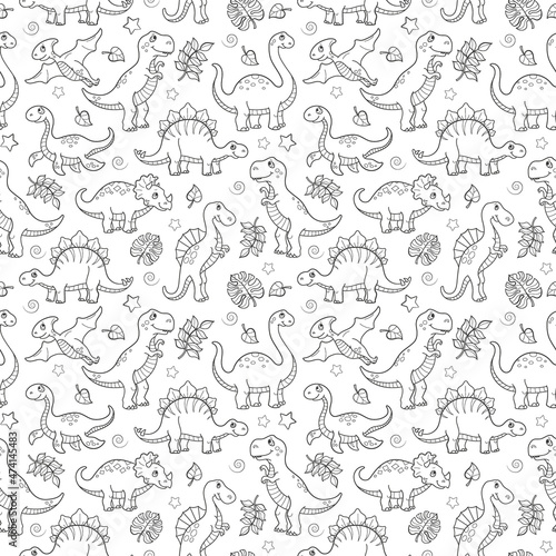 Fototapeta Naklejka Na Ścianę i Meble -  Seamless pattern with dinosaurs and leaves, contoured animals on white background