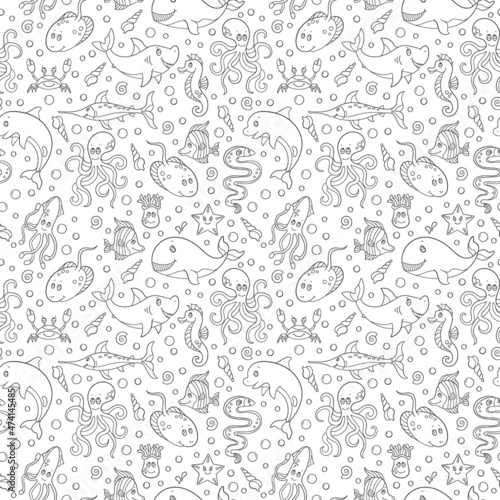 Seamless pattern with sea creatures, funny contour cartoon animals , dark outline on white background