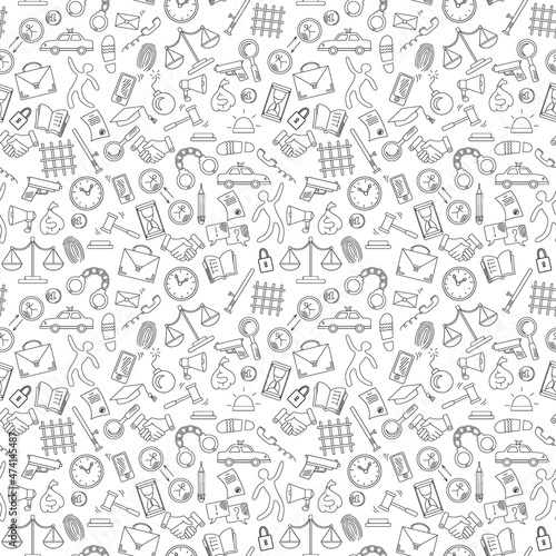 Seamless pattern with hand drawn icons on the theme of law and crimes  black contour on white background