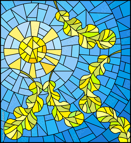 An illustration in the style of stained glass with autumn oak leaves floating on a background of blue sky and sun, rectangular image