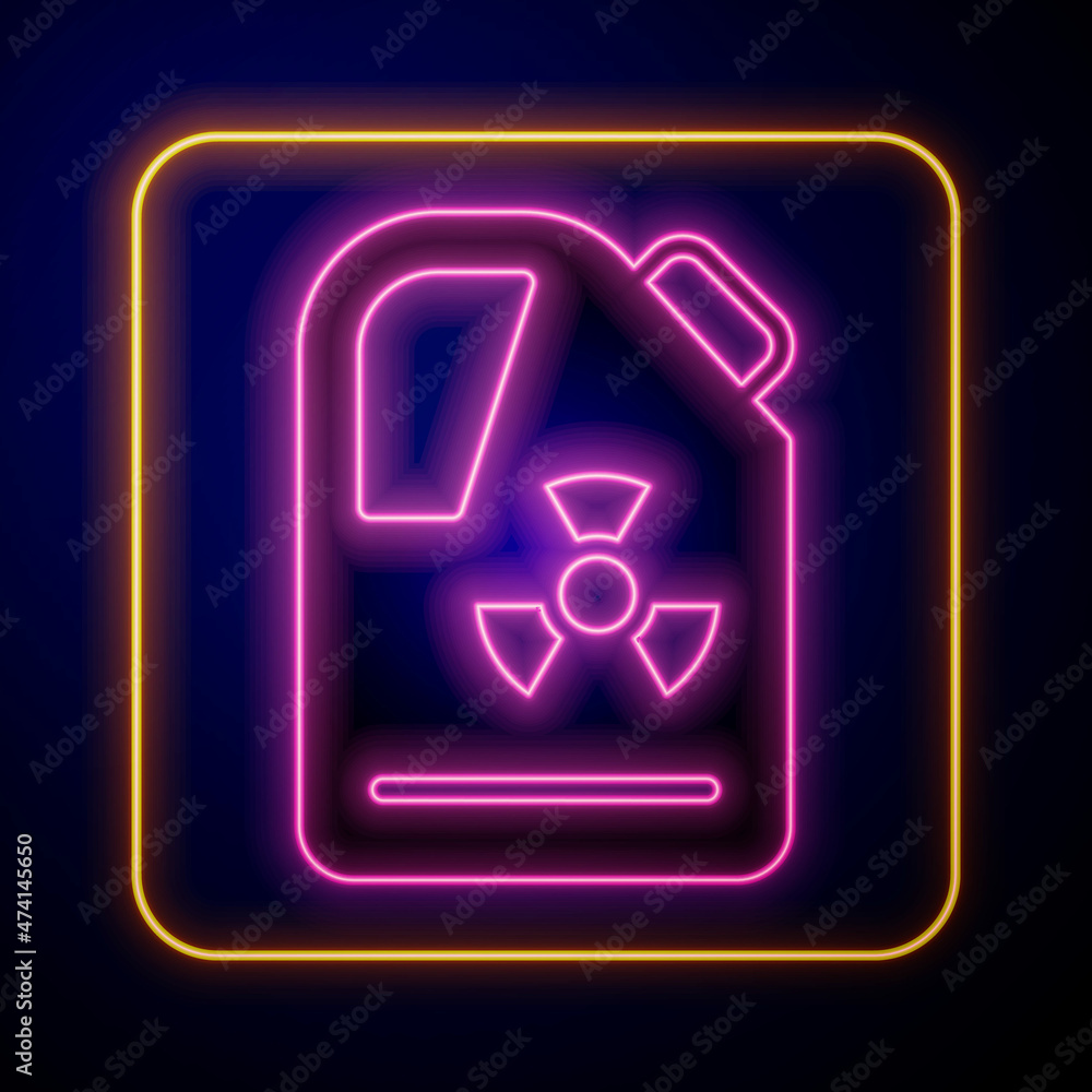 Glowing neon Radioactive waste in barrel icon isolated on black background. Toxic refuse keg. Radioactive garbage emissions, environmental pollution. Vector Glowing neon Radioactive waste in barrel icon isolated on black background. Toxic refuse keg. Radioactive garbage emissions, environmental pollution. Vector