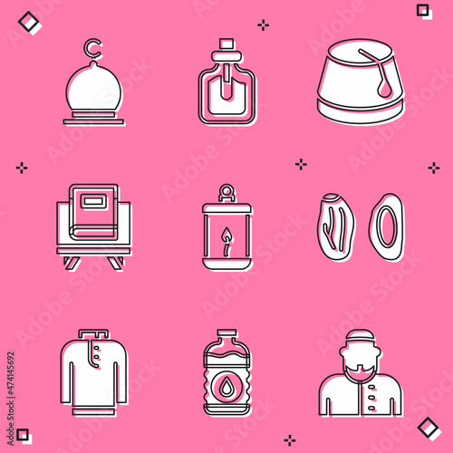 Set Muslim Mosque, Perfume, Turkish hat, Holy book of Koran, Ramadan Kareem lantern, Date fruit, Shirt kurta and Bottle water icon. Vector
