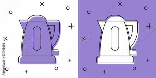 Set Electric kettle icon isolated on white and purple background. Teapot icon. Vector