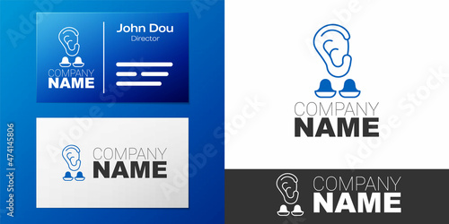 Logotype Earplugs and ear icon isolated on white background. Ear plug sign. Noise symbol. Sleeping quality concept. Logo design template element. Vector