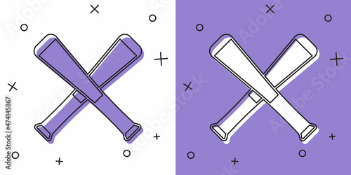 Set Crossed baseball bat icon isolated on white and purple background. Vector