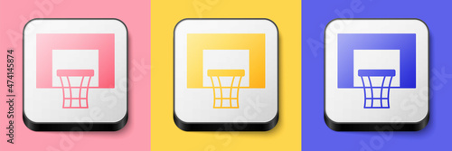 Isometric Basketball backboard icon isolated on pink, yellow and blue background. Square button. Vector