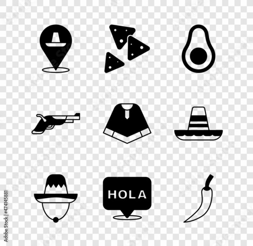 Set Mexican sombrero, Nachos, Avocado fruit, Hola, Hot chili pepper pod, Vintage pistols and Poncho icon. Vector