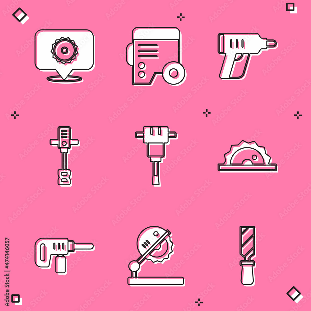 Set Circular saw blade, Power electric generator, Electric cordless screwdriver, Electrical hand concrete mixer, Construction jackhammer, circular, drill machine and Table for woodwork icon. Vector Set Circular saw blade, Power electric generator, Electric cordless screwdriver, Electrical hand concrete mixer, Construction jackhammer, circular, drill machine and Table for woodwork icon. Vector