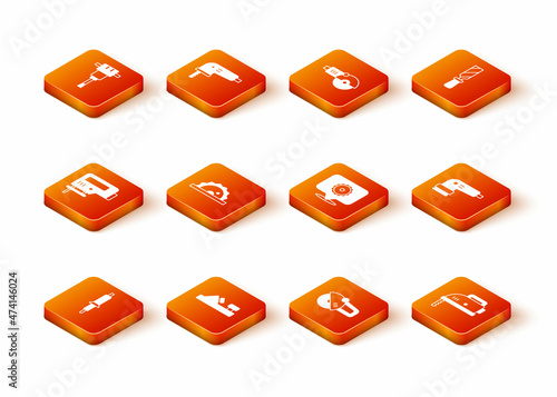 Set Soldering iron, Wood plane tool, Electric jigsaw, circular, Angle grinder, Circular blade, and sander icon. Vector