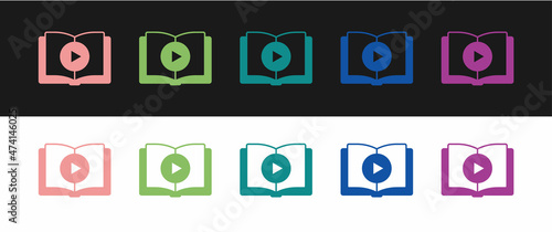Set Audio book icon isolated on black and white background. Play button and book. Audio guide sign. Online learning concept. Vector