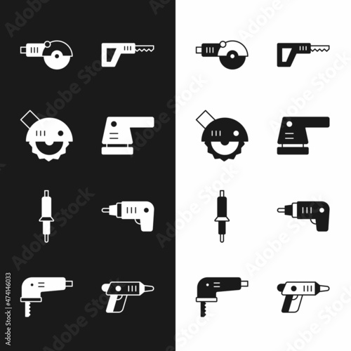 Set Electric sander, circular saw, Angle grinder, Reciprocating, Soldering iron, cordless screwdriver, and jigsaw icon. Vector