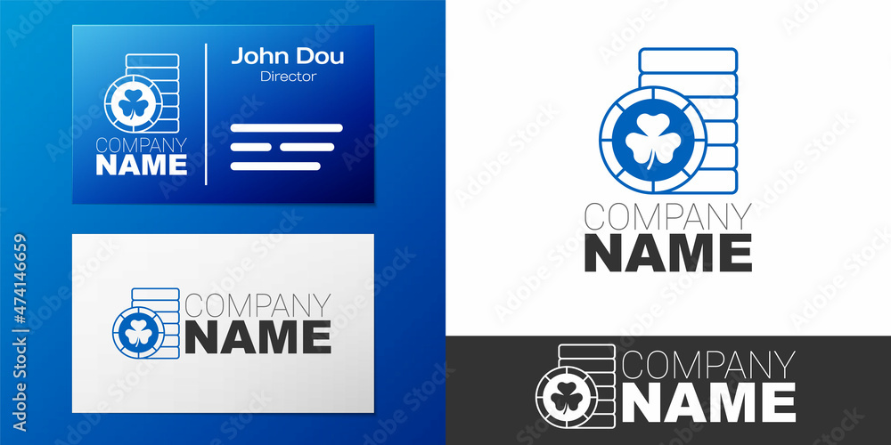 Fototapeta premium Logotype Golden leprechaun coin with clover trefoil leaf icon isolated on white background. Happy Saint Patricks day. National Irish holiday. Logo design template element. Vector