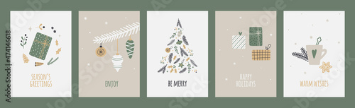 Hand drawn Christmas Greeting Cards set. Minimalist Xmas designs.  Vector templates for seasonal winter holidays.