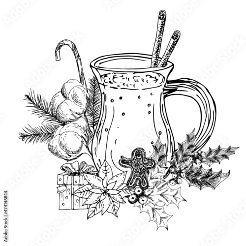Christmas  eggnog, holly twigs, poinsettia, gingerbread man, gift box, cotton plant, cinnamon sticks. Vector illustration of a festive alocoholic milk drink.
