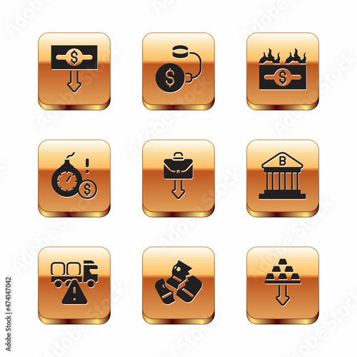 Set Dollar rate decrease, Stop delivery cargo truck, Credit card, Briefcase, Money bomb dollar crisis, Burning bill, Gold bars and Debt ball chained coin icon. Vector