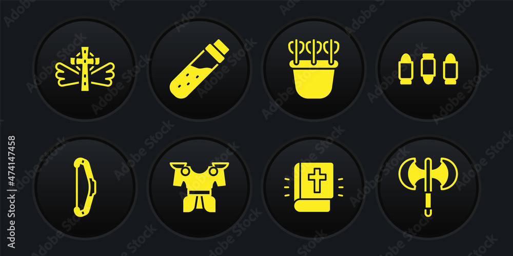 Set Medieval bow, Bullet, Body armor, Holy bible book, Quiver with arrows, Bottle potion, poleaxe and Christian cross icon. Vector Set Medieval bow, Bullet, Body armor, Holy bible book, Quiver with arrows, Bottle potion, poleaxe and Christian cross icon. Vector
