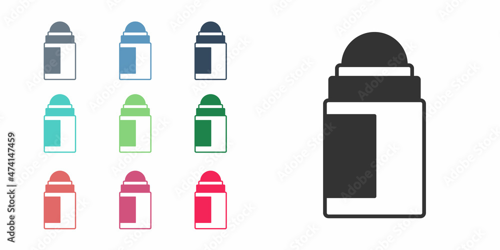Black Antiperspirant deodorant roll icon isolated on white background. Cosmetic for body hygiene. Set icons colorful. Vector Black Antiperspirant deodorant roll icon isolated on white background. Cosmetic for body hygiene. Set icons colorful. Vector