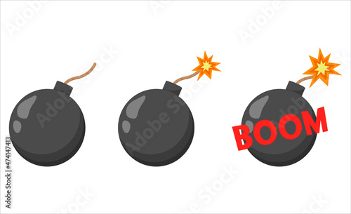 Set of black bombs isolated on white background. Flat vector Illustration photo