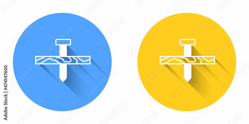 Obraz premium White Metallic nail and wood plank icon isolated with long shadow background. Circle button. Vector