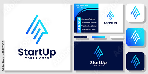 Startup Abstract Arrow Technology Innovation Data Up Icon Logo Design with Business Card Template