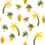 Palm trees and leaves abstract seamless pattern. Tropical plants hand draw background. Beach coconut tree wallpaper, african forest textile, wrapping paper print design. Vector illustration.