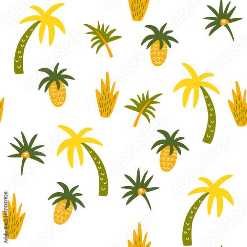 Palm trees and leaves abstract seamless pattern. Tropical plants hand draw background. Beach coconut tree wallpaper  african forest textile  wrapping paper print design. Vector illustration.